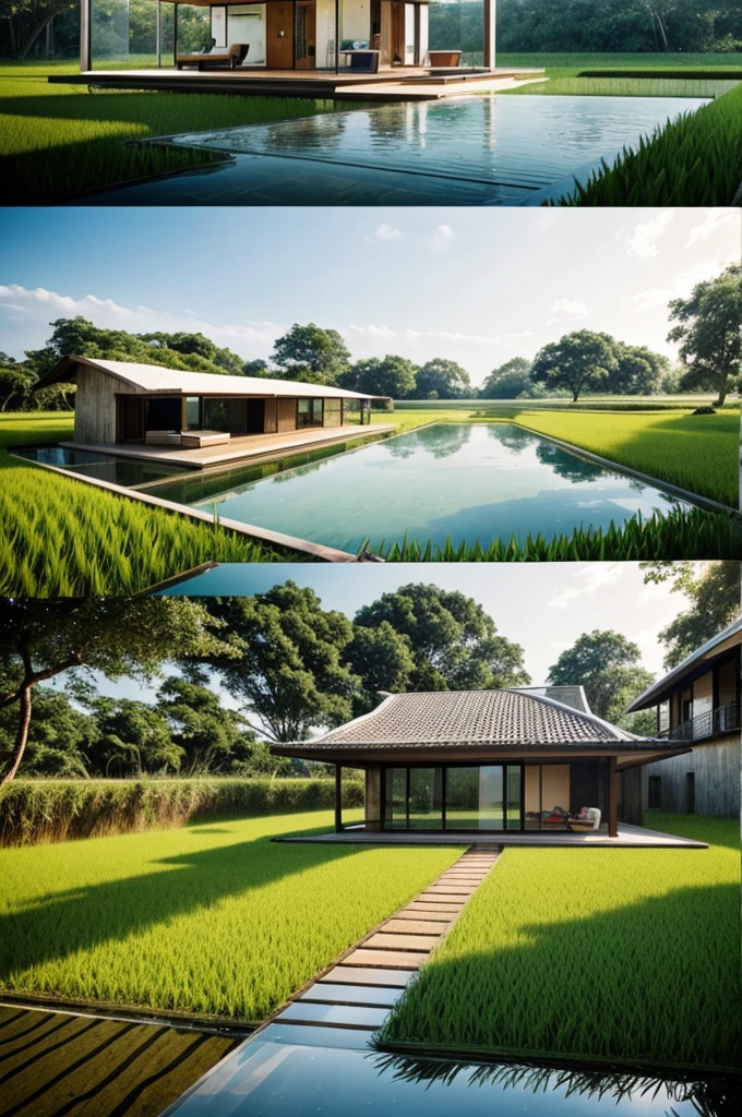 A house in the middle of a rice field, with a swimming pool, a road, a dog, and a car. Beautiful.