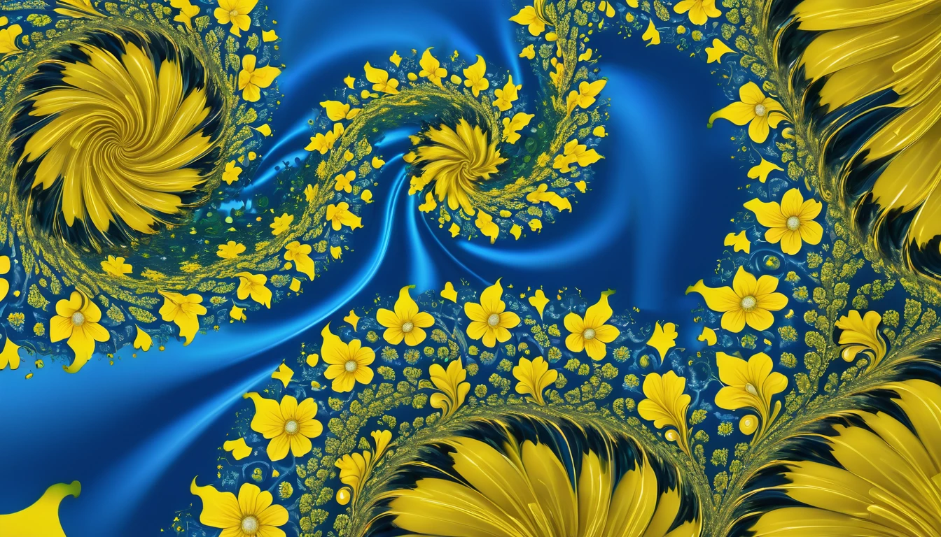 yellow flowers are growing on a blue surface with a spiral design, digital art by Benoit B. Mandelbrot, deviantart, psychedelic art, swirling nature magic, swirling scene, swirling gardens, oganic rippling spirals, swirling flowers, 3d fractals, 3 d fractals, fractals swirling outward