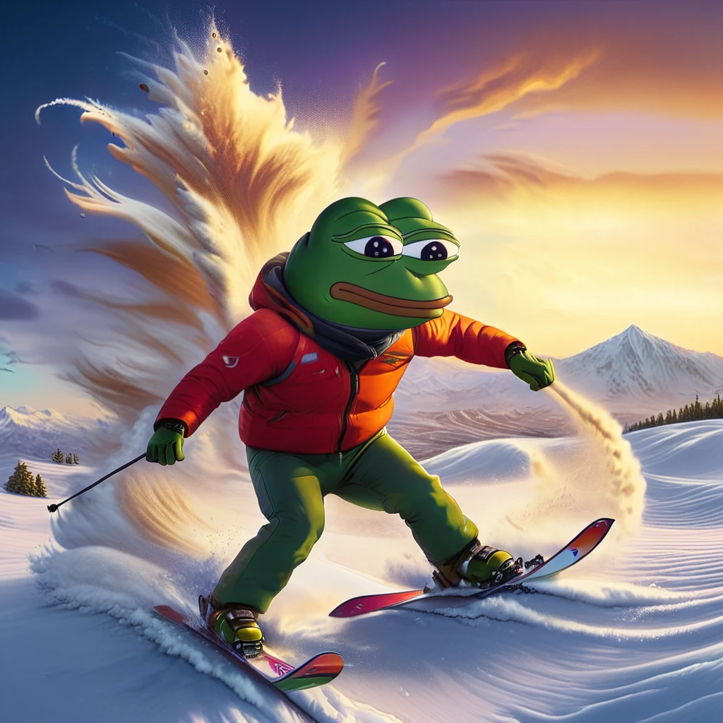 a pepe the frog anthropomorphized character,pepe the frog skiing,skiing in the desert,big wave,dust storm,extreme sports,highly detailed,8k,photorealistic,professional lighting,vibrant colors,cinematic composition