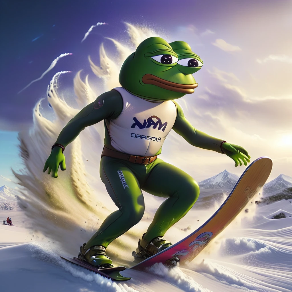 a pepe the frog anthropomorphized character,pepe the frog skiing,skiing in the desert,big wave,dust storm,extreme sports,highly detailed,8k,photorealistic,professional lighting,vibrant colors,cinematic composition