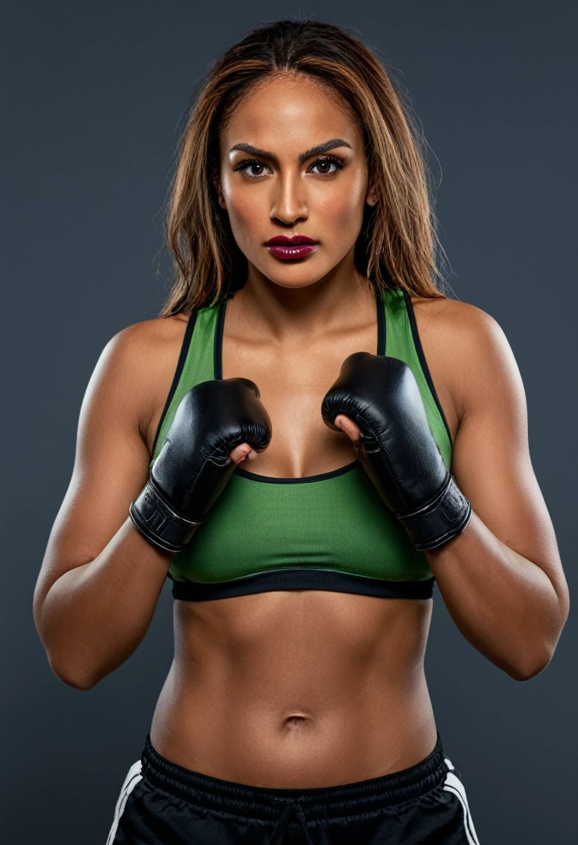 A woman in a boxing ring posing for a photo, wmma. A woman in a black tank top and red boxing gloves. Portrait of a female boxer, fierce expression, sweat on her face, boxing gloves, [Realistic], (Hard lighting: 1.2), (Boxing ring scene: 1.1), (4k resolution. Black sports bra and shorts,Gloves boxer,With attentive eyes,Boxing stance,waist line. 1 hyper-realistic real photo, frontal close-up, swinging a boxing glove in front of the camera with passion and anger, preparing to throw a strong punch. The woman is Jennifer Lopez with green eyes, eyes open and head high. Pose of a strong, muscular woman, determined expression, fierce look, athletic build, confident pose, beautiful young black woman with dark skin. brown, Voluminous black hair with brown highlights, green eyes, eye is green, green and expressive eyes, beautiful green eyes, realistic green eyes, detailed green eyes, ultra-realistic, symmetrical, hyper-realistic, (eyeliner, long eyelashes). and they are thick, the nose is small and proportional to the face and the soft contour of the face that accentuates the high cheekbones. Attractive and irresistible mouth, well-defined lips, full lips, voluminous lips, seductive lips, captivating, striking, unforgettable and enigmatic. The face is oval, with high cheekbones and a well-defined chin, a beautiful and detailed face. Black lipstick, gothic makeup. Skin tone: Olive skin, healthy and even glow, with olive skin, dark skin, sexy girl with olive skin, detailed skin texture, beautiful and glowing skin, intricate details, smooth skin, healthy and radiant appearance. Hourglass body, voluptuous body, slender woman, Huge breasts, well-toned belly, toned tummy, slim waist, Wide hips, big hips, huge butt, thick thighs, Long and shapely legs. 50 mm lens, f/2.8, hdr, (8K) RAW photo, high quality resolution 8K uhd, dslr, 2k, 4K, 8K, 16K.
