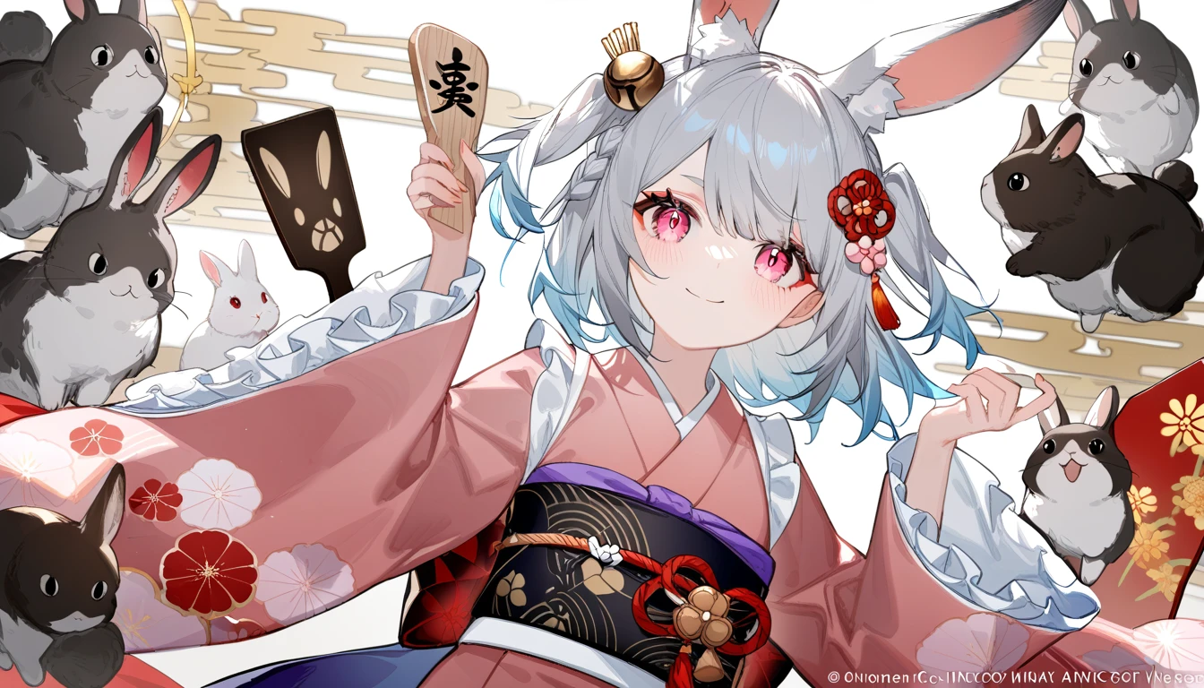 1girl, ciloranko:1.1, noyu \(noyu23386566\), wanke, official art, absurdres, best quality, perfect anatomy, attractive, animal, animal ear fluff, animal ears, braid, chinese zodiac, closed mouth, frilled sleeves, frills, grey hair, hagoita, hair ornament, hands up, holding, japanese clothes, kimono, long sleeves, looking at viewer, nengajou, new year, obi, paddle, pink eyes, pink kimono, rabbit, rabbit ears, rabbit hair ornament, sash, smile, solo, two side up, wide sleeves, year of the rabbit