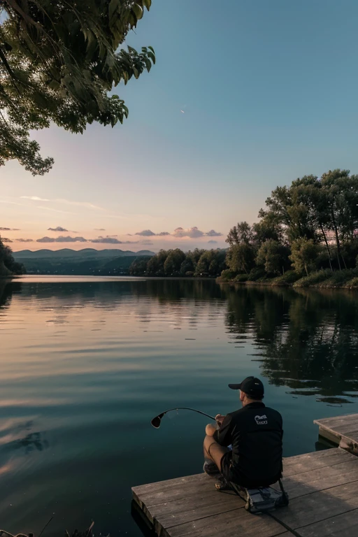 One man is fishing at the lake untill dawn
