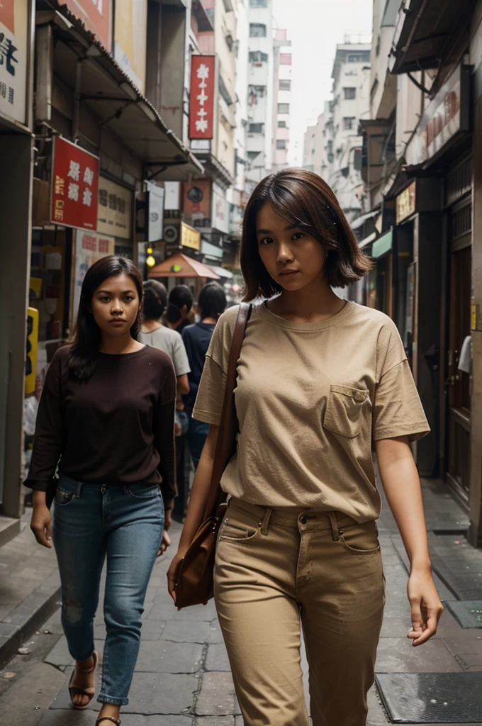 an indonesian girl wearing longsleve casual plàd shirt fòr men with large blocks of color—dark browns, beige, and hints of a muted red, one pocket, short bloe jeans walking in dusty street of hongkong
