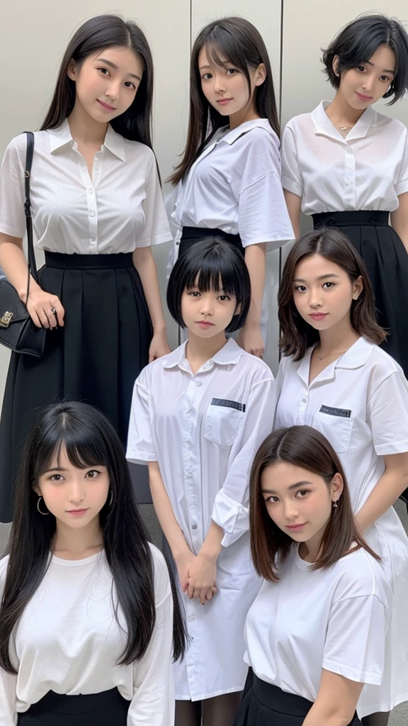 20-year-old Japan female、Beauty、Four people standing in a row wearing white shirts and black