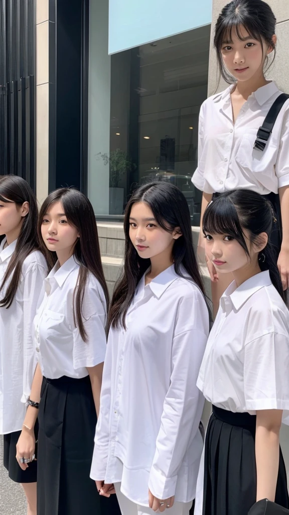 20-year-old Japan female、Beauty、Four people standing in a row wearing white shirts and black