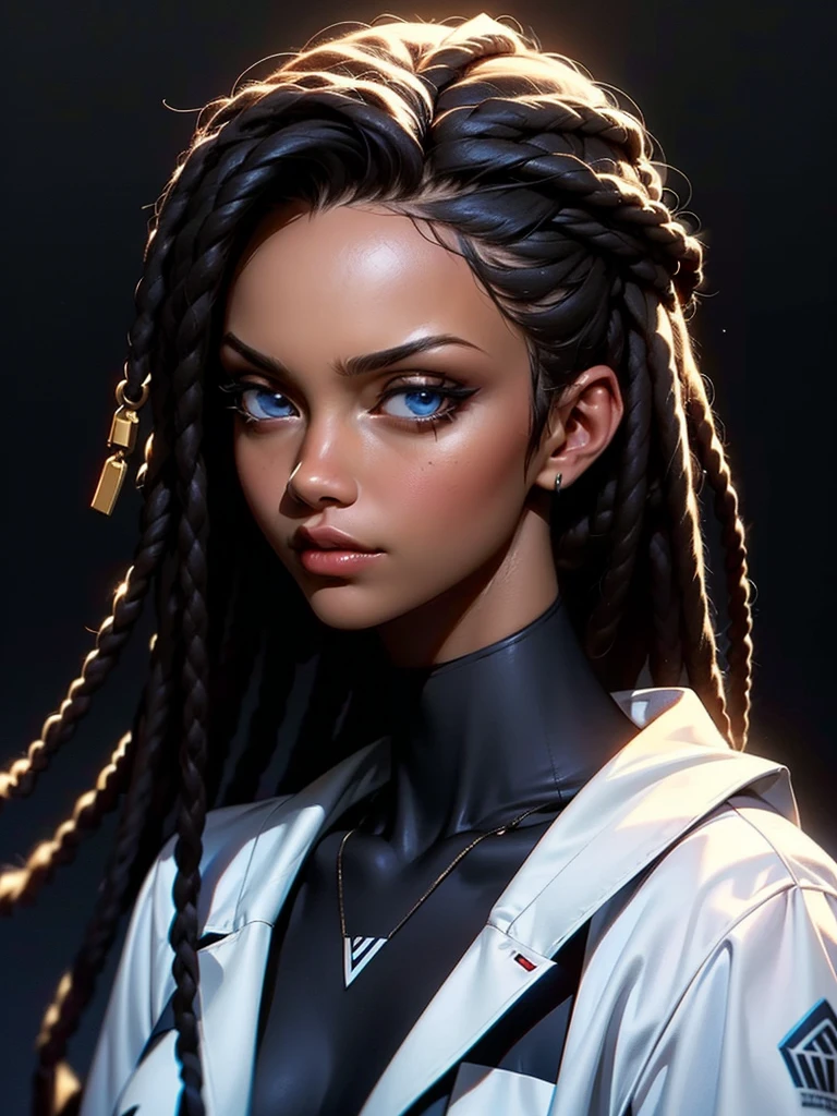 ((Portrait Photo)), She has an Athletic and Slender Black-Haired Appearance, with a Strong Build, Dark Skin and Relaxed Aura. She Expresses a Calm and Indifferent Look, Giving Off a Composed and Unfazed Attitude. She has Deep Blue Eyes, and Her Hair is Long and Black, with Dreadlocks Falling Over Her Forehead. She Wears a Loose, Open White Jacket, with a Sports Tank Top, Revealing Her Midriff. ((Portrait Photo, HDR, Dark Background))