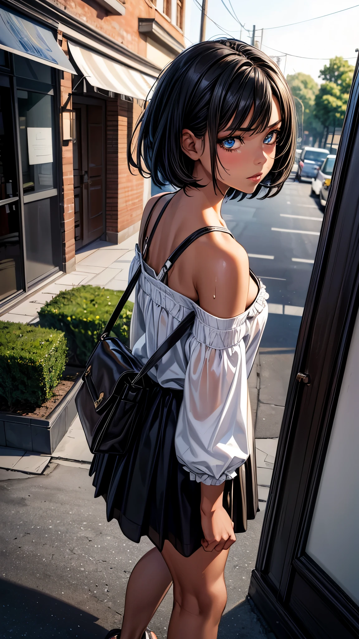 (From above2.0,from side),beautiful detailed eyes, beautiful detailed lips, extremely detailed eyes and face, longeyelashes, 1 girl, face close up, outside the countryside,16 years old, sweat, (dark skin color),(very short black hair),displeased, sulky, casual fashion,casual dress,gingham dress,no sleeve,(sandal),shoulder bag,best quality, 4k, 8k, highres, masterpiece:1.2, ultra-detailed, realistic, photorealistic, photo-realistic:1.37, HDR, UHD, studio lighting, ultra-fine painting, sharp focus, physically-based rendering, extreme detail description, professional, vivid colors, bokeh, portraits 