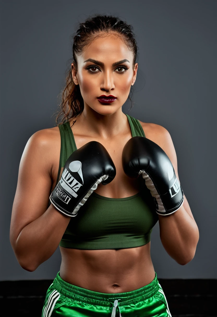 A woman in a boxing ring posing for a photo, wmma. A woman in a black tank top and red boxing gloves. Portrait of a female boxer, fierce expression, sweat on her face, boxing gloves, [Realistic], (Hard lighting: 1.2), (Boxing ring scene: 1.1), (4k resolution. Black sports bra and shorts,Gloves boxer,With attentive eyes,Boxing stance,waist line. 1 hyper-realistic real photo, frontal close-up, swinging a boxing glove in front of the camera with passion and anger, preparing to throw a strong punch. The woman is Jennifer Lopez with green eyes, eyes open and head high. Pose of a strong, muscular woman, determined expression, fierce look, athletic build, confident pose, beautiful young black woman with dark skin. brown, Voluminous black hair with brown highlights, green eyes, eye is green, green and expressive eyes, beautiful green eyes, realistic green eyes, detailed green eyes, ultra-realistic, symmetrical, hyper-realistic, (eyeliner, long eyelashes). and they are thick, the nose is small and proportional to the face and the soft contour of the face that accentuates the high cheekbones. Attractive and irresistible mouth, well-defined lips, full lips, voluminous lips,  lips, captivating, striking, unforgettable and enigmatic. The face is oval, with high cheekbones and a well-defined chin, a beautiful and detailed face. Black lipstick, gothic makeup. Skin tone: Olive skin, healthy and even glow, with olive skin, dark skin,  with olive skin, detailed skin texture, beautiful and glowing skin, intricate details, smooth skin, healthy and radiant appearance. Hourglass body, voluptuous body, slender woman, , well-toned belly, toned tummy, slim waist, Wide , big , huge , thick thighs, Long and shapely legs. 50 mm lens, f/2.8, hdr, (8K) RAW photo, high quality resolution 8K uhd, dslr, 2k, 4K, 8K, 16K.
