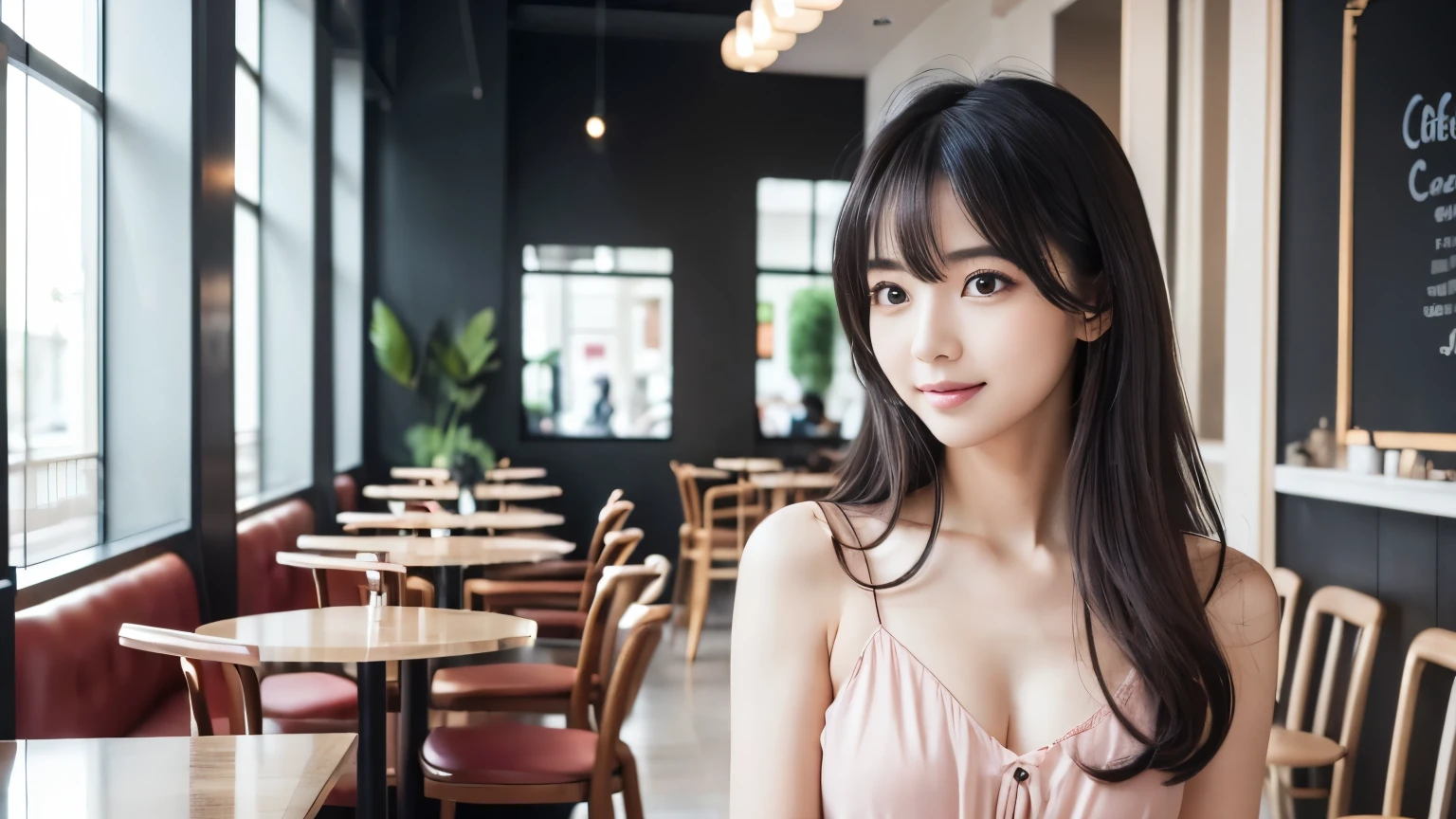 (Highest quality, 32k, High resolution, masterpiece:1.5), internal_jet, god々Photos with radiant and healing powers., Expressing emotions, Have a rich imagination, Beautiful Japanese Girl, Very beautiful face, Small Face Beauty, ((whole body:1.4)), Perfect Human Anatomy, Magic big eye, Motherhood and generosity, deep love, A fleeting smile, Shiny black hair, Beautiful super long hair swaying in the wind, Asymmetrical bangs, Hair between the eyes, transparent, Soft white skin, Sharp eyebrows, Thin lashes, Natural Makeup, Cheek Highlighter, Pale pink lips, (Red dress:1.3), ((High resolutionの美しい太もも)), ((Photographed inside the cafe:1.5)), ((Stylish cafe:1.3)), ((Customers enjoying cafe time:1.3)), Beautiful and detailed cafe interior, Professional Photographer, Professional Lighting, Professional Model