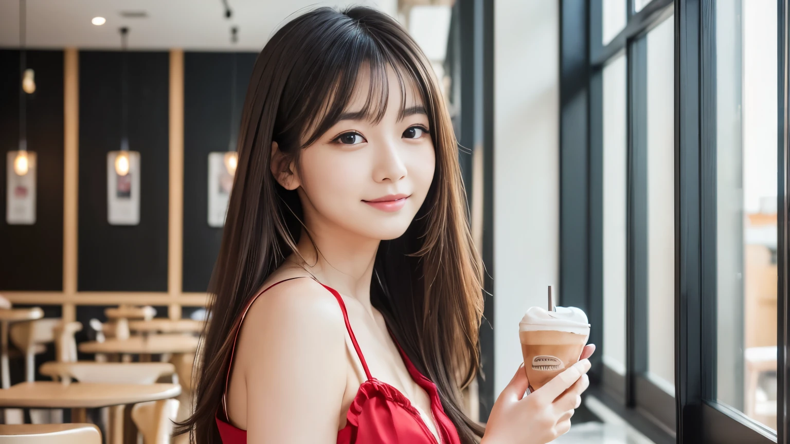 (Highest quality, 32k, High resolution, masterpiece:1.5), internal_jet, god々Photos with radiant and healing powers., Expressing emotions, Have a rich imagination, Beautiful Japanese Girl, Very beautiful face, Small Face Beauty, ((whole body:1.4)), Perfect Human Anatomy, Magic big eye, Motherhood and generosity, deep love, A fleeting smile, Shiny black hair, Beautiful super long hair swaying in the wind, Asymmetrical bangs, Hair between the eyes, transparent, Soft white skin, Sharp eyebrows, Thin lashes, Natural Makeup, Cheek Highlighter, Pale pink lips, (Red dress:1.3), ((High resolutionの美しい太もも)), ((Photographed inside the cafe:1.5)), ((Stylish cafe:1.3)), ((Customers enjoying cafe time:1.3)), Beautiful and detailed cafe interior, Professional Photographer, Professional Lighting, Professional Model