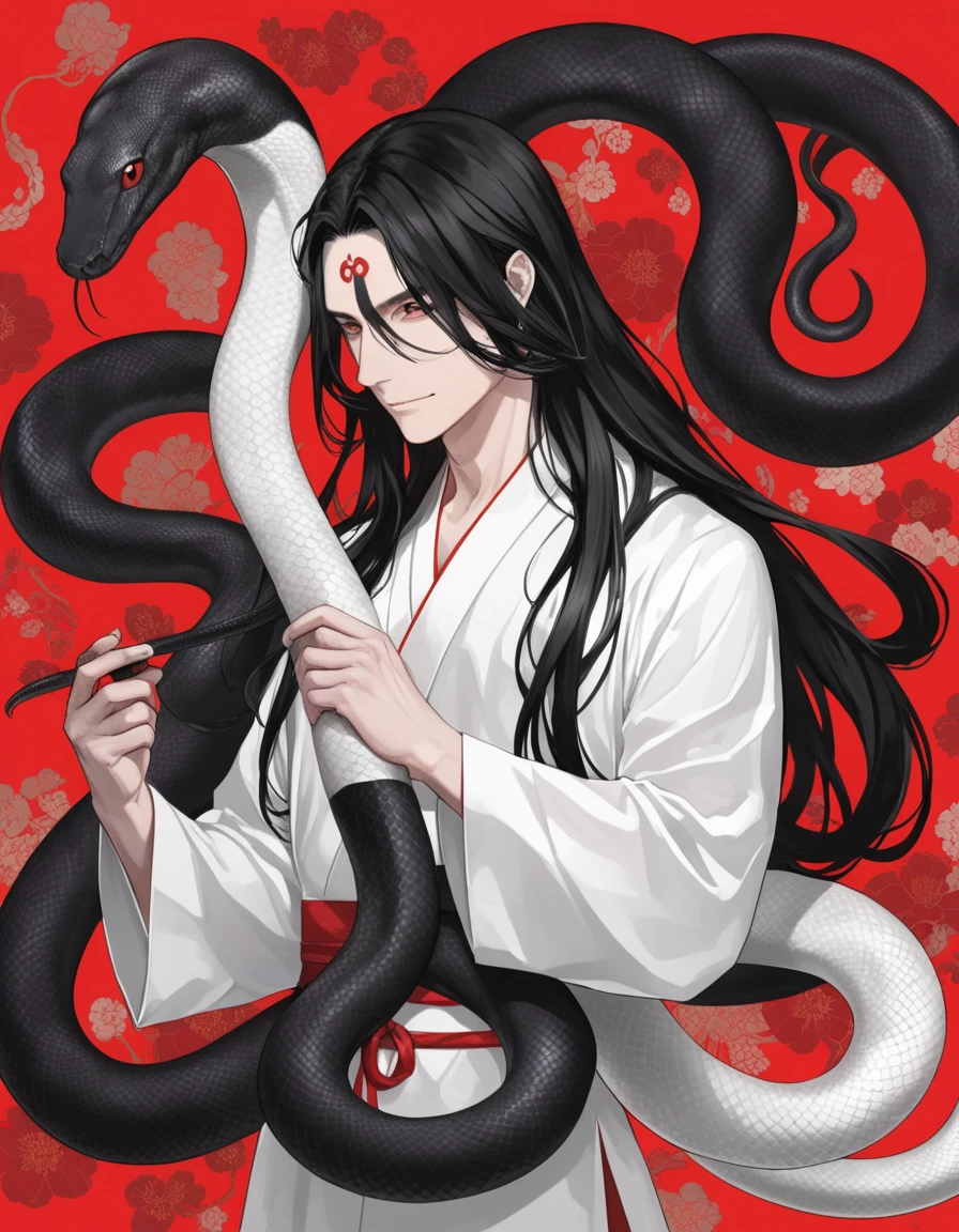 Long hair man,White snake and black snake coiled around