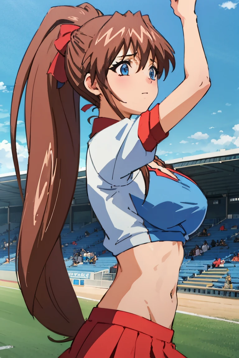 Girl dancing on soccer field, Many spectators in the background, blue sky, Ponytail Hair, blue sky, Wearing a cheerleader outfit, Large Breasts, belly button