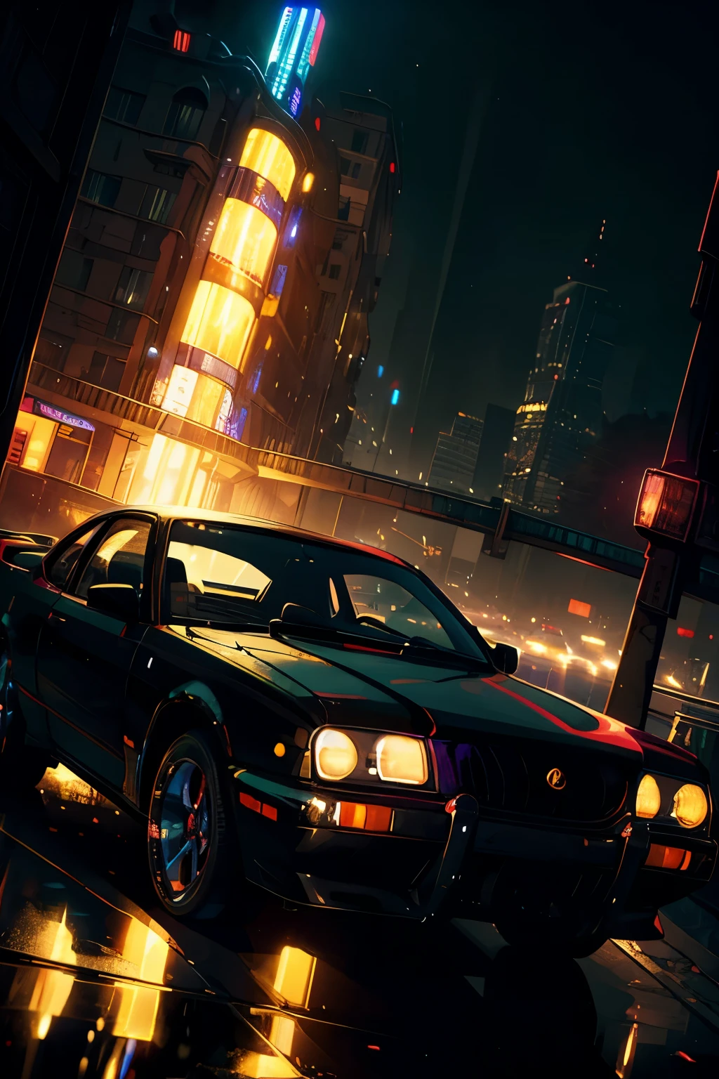 (Masterpiece), High Quality, 1 Car, Old Car, Black Car, (Center Position:1.0), Car Under City Lights at Night, (Shiny Painted Surface), (Old Car:1.5), (Nighttime Scene:1.5), (City Skyline with Buildings and Lights:1.0), (High Contrast Lighting:1.5), (Dynamic Reflections on Car Surface:1.0), (Detail in Headlights, Taillights, and Exhaust Pipe:1.0), (Black Smoke Emanating from Exhaust:1.0), (Depth of Field:1.5), (Vivid Colors: