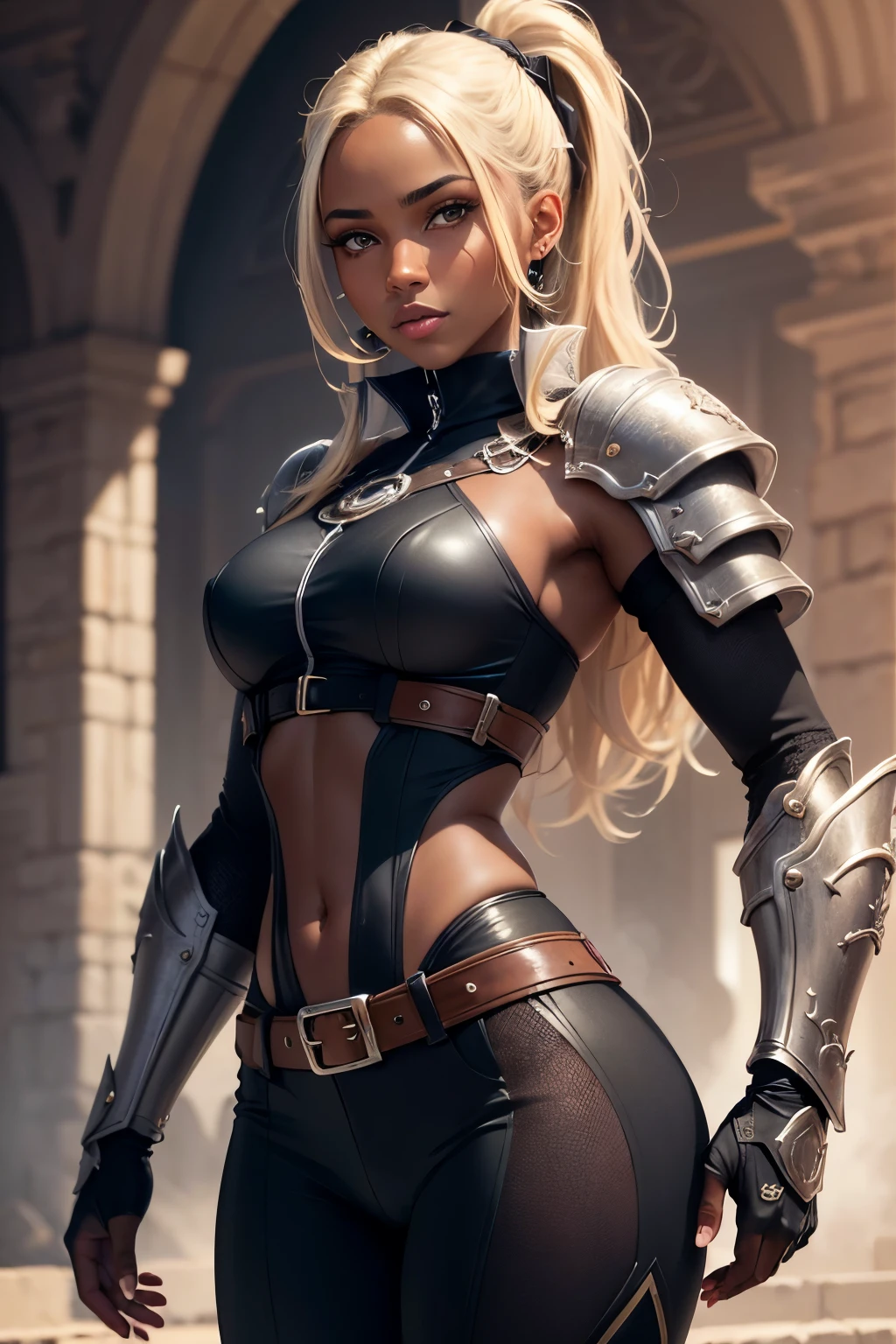 ((best quality)), ((masterpiece)), (detailed), Prize-winning works, with incredible details, maximum textures and details, uhd ,8K,super resolution ,depth of field, retina, masterpiece, anatomically correct, textured skin, super detail, high details, highres ,1 dark skinned girl black adventurer dark skinned warrior costume ,beautiful  face, stop at an adventurers guild, hair blonde, developing long hair, slickedback hair,((she has dark skin)) ela usa lightweight armour  , gauntlets and gloves , vestida por completo com lightweight armour , black pants, black belts ,longCap  ,fully body, hyper detailed piercing eyes ,lightweight armour  (15 year old young man :1.1,detailedeyes, face detailed, whole body:1.1,the background is an adventurers guild ),(best qualityer:1.2,ultra detali:1.1,realisitic:1.37) ,eyeshadows,sharp focus,swirly vibrant colors,)