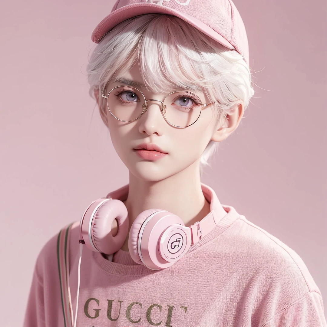 Handsome boy, white hair, pink eyes, white eyebrows, pink eyeglass, wearing light pink cap, wearing light pink gucci shirt, light pink headphone