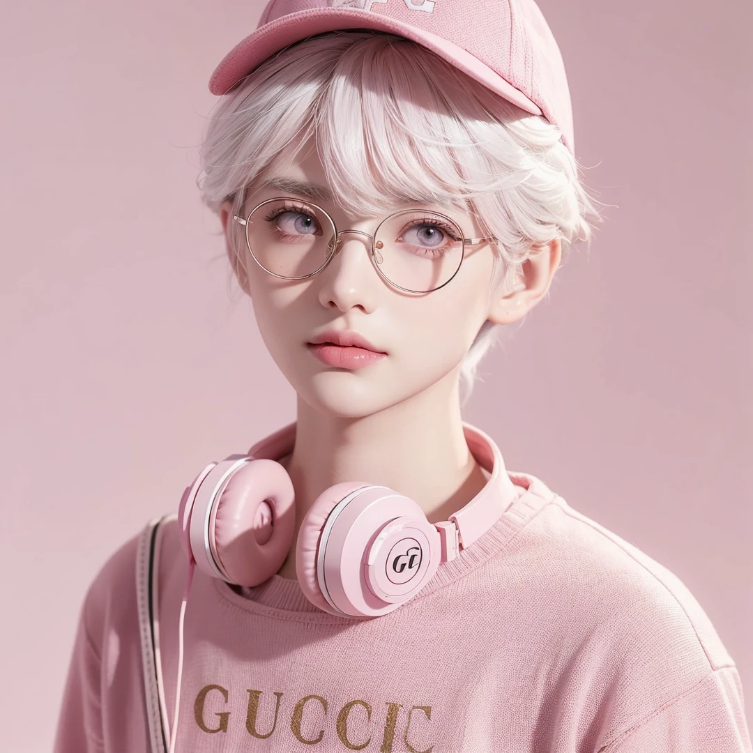 Handsome boy, white hair, pink eyes, white eyebrows, pink eyeglass, wearing light pink cap, wearing light pink gucci shirt, light pink headphone