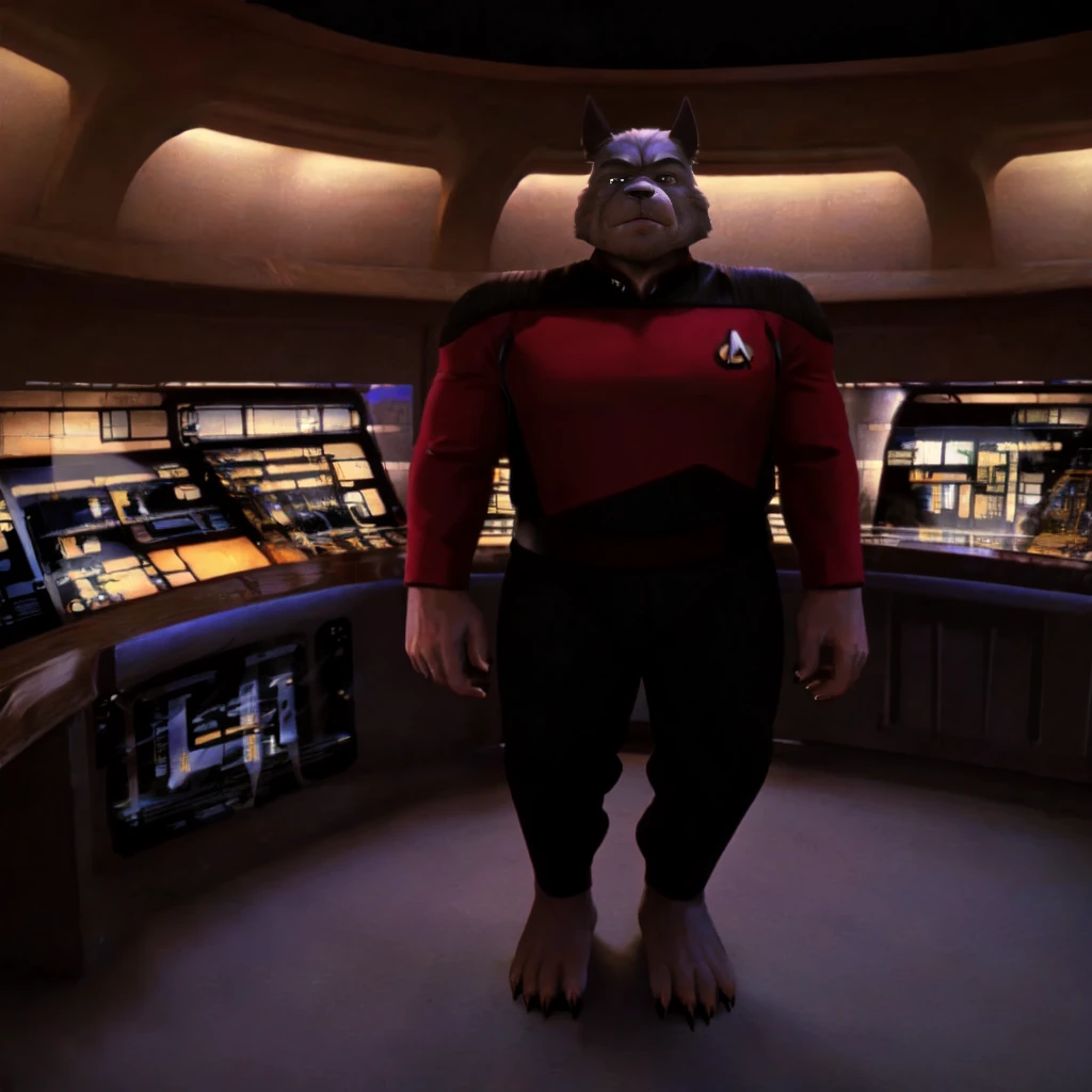 (((Barefoot furry character, full body, cinematic setting, furry male, plantigrade))) 

captain ((Totoro)), studio ghibili, furry, big, fat, whiskers, grey skin, claws,

exudes confidence and authority on starship bridge, wears star trek next generation captain red uniform, ((s3stngunf uniform))) long black pants, muscular figure, dynamic pose, action expression

((Bridge of starship with many screens and consoles)), futuristic look, metalic, bright colors

BREAK, intricate details, highly detailed, extreme detail, octane render, fine art, best quality, highres, (detailed face:1.5), ((full_body)), UHD, (((perfect hands))), ((low light:1.5))