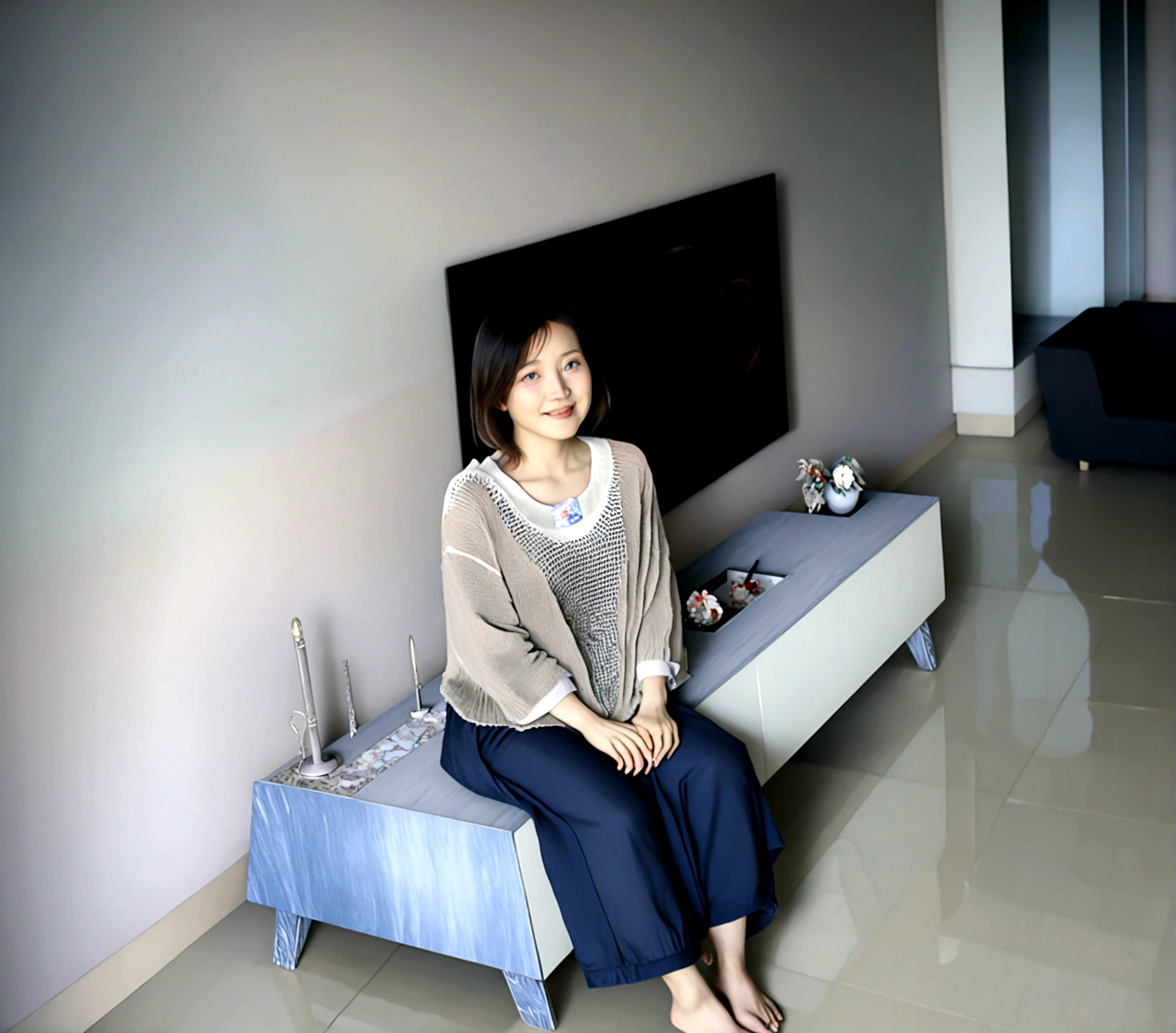 Beautiful Korean Woman , 32 inch chest size, Your eyes are big and pretty. Wearing a high-end luxury brand cardigan, casual beige pants, short medium hair, Smile, uhd