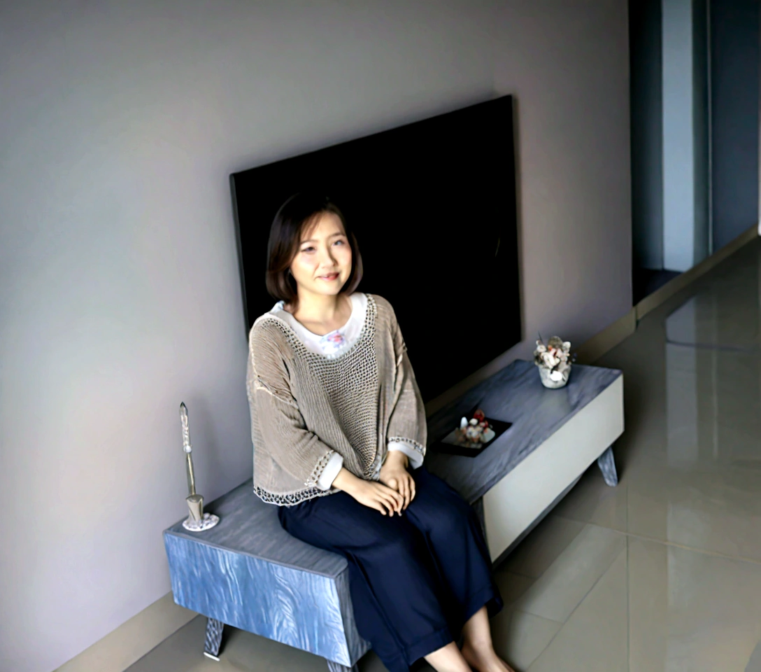 Beautiful Korean Woman , 32 inch chest size, Your eyes are big and pretty. Wearing a high-end luxury brand cardigan, casual beige pants, short medium hair, Smile, uhd