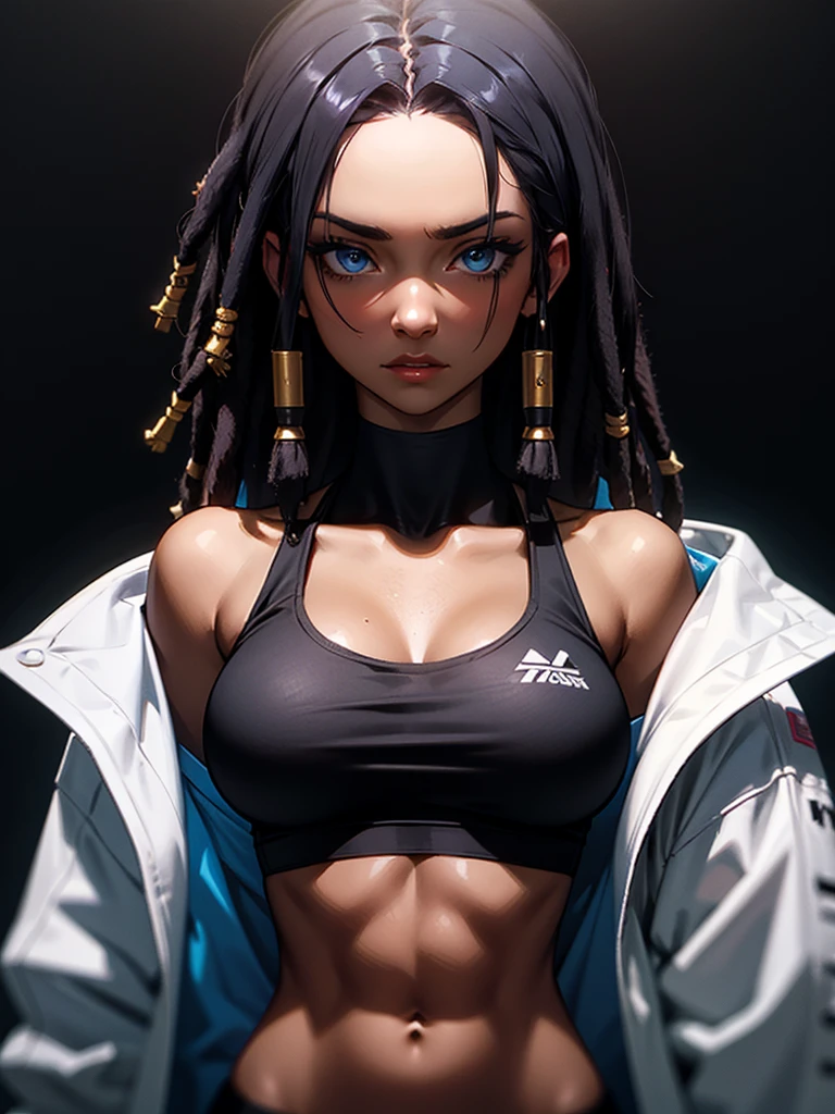 ((Portrait Photo)), She has an Athletic and Slender Black-Haired Appearance, with a Strong Build, Dark Skin and Relaxed Aura. She Expresses a Calm and Indifferent Look, Giving Off a Composed and Unfazed Attitude. She has Deep Blue Eyes, and Her Hair is Long and Black, with Dreadlocks Falling Over Her Forehead. She Wears a Loose, Open White Jacket, with a Sports Tank Top, Revealing Her Midriff. ((Portrait Photo, HDR, Dark Background))