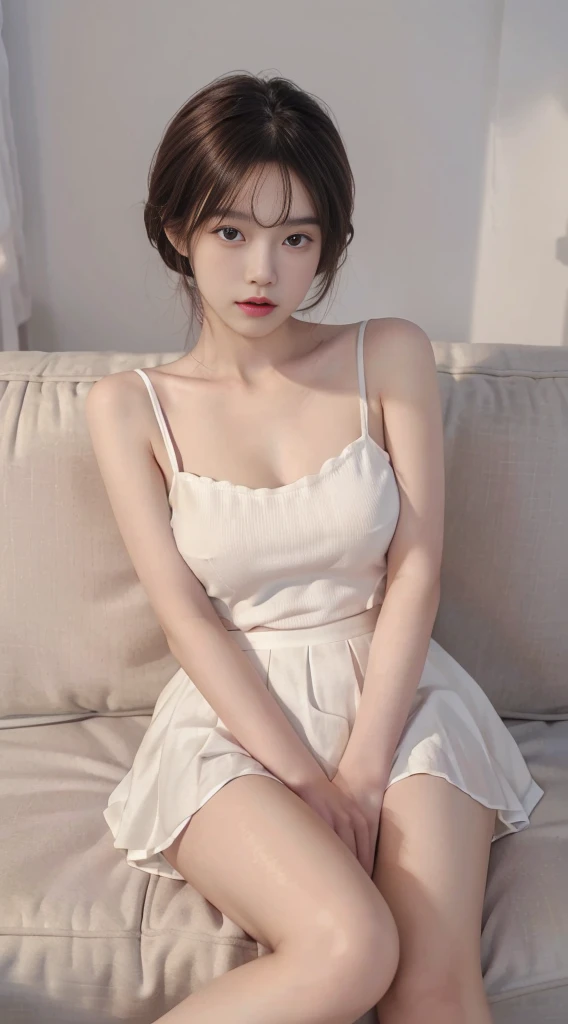 Masterpiece, Ultra-realistic quality, (1 girl), (Young woman), Chinese girl, (Mature face), face clean, Realistic face, (Perfect face), Delicate face, Fair skin, sitting in the couch, Long legs, (curly), Short hair, Brown hair, with hands resting on knees, Sling, No bra, (average breasts) ,( exposed), No panties, (( Minola)),(has cleavage), Mini dress, (White skirt) HD quality, Realistic picture quality, Real Human, Long legs, Ultra HD rendering, Accurate, Textured skin, High detail, High quality, Very detailed, high resolution, 8K, Photo, Photography, ridiculous