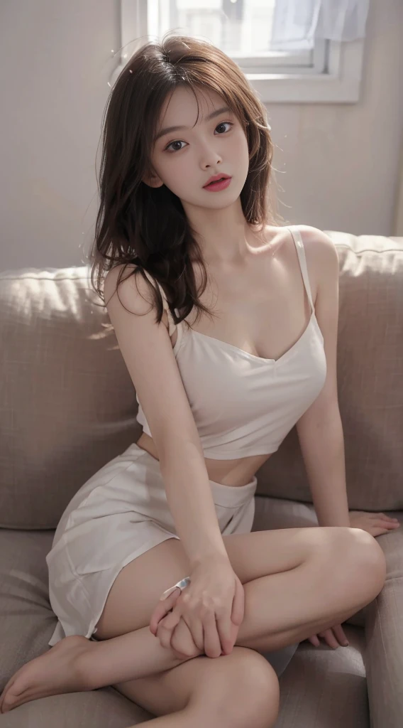 Masterpiece, Ultra-realistic quality, (1 girl), (Young woman), Chinese girl, (Mature face), face clean, Realistic face, (Perfect face), Delicate face, Fair skin, sitting in the couch, Long legs, (curly), Short hair, Brown hair, with hands resting on knees, Sling, No bra, (average breasts) ,( exposed), No panties, (( Minola)),(has cleavage), Mini dress, (White skirt) HD quality, Realistic picture quality, Real Human, Long legs, Ultra HD rendering, Accurate, Textured skin, High detail, High quality, Very detailed, high resolution, 8K, Photo, Photography, ridiculous