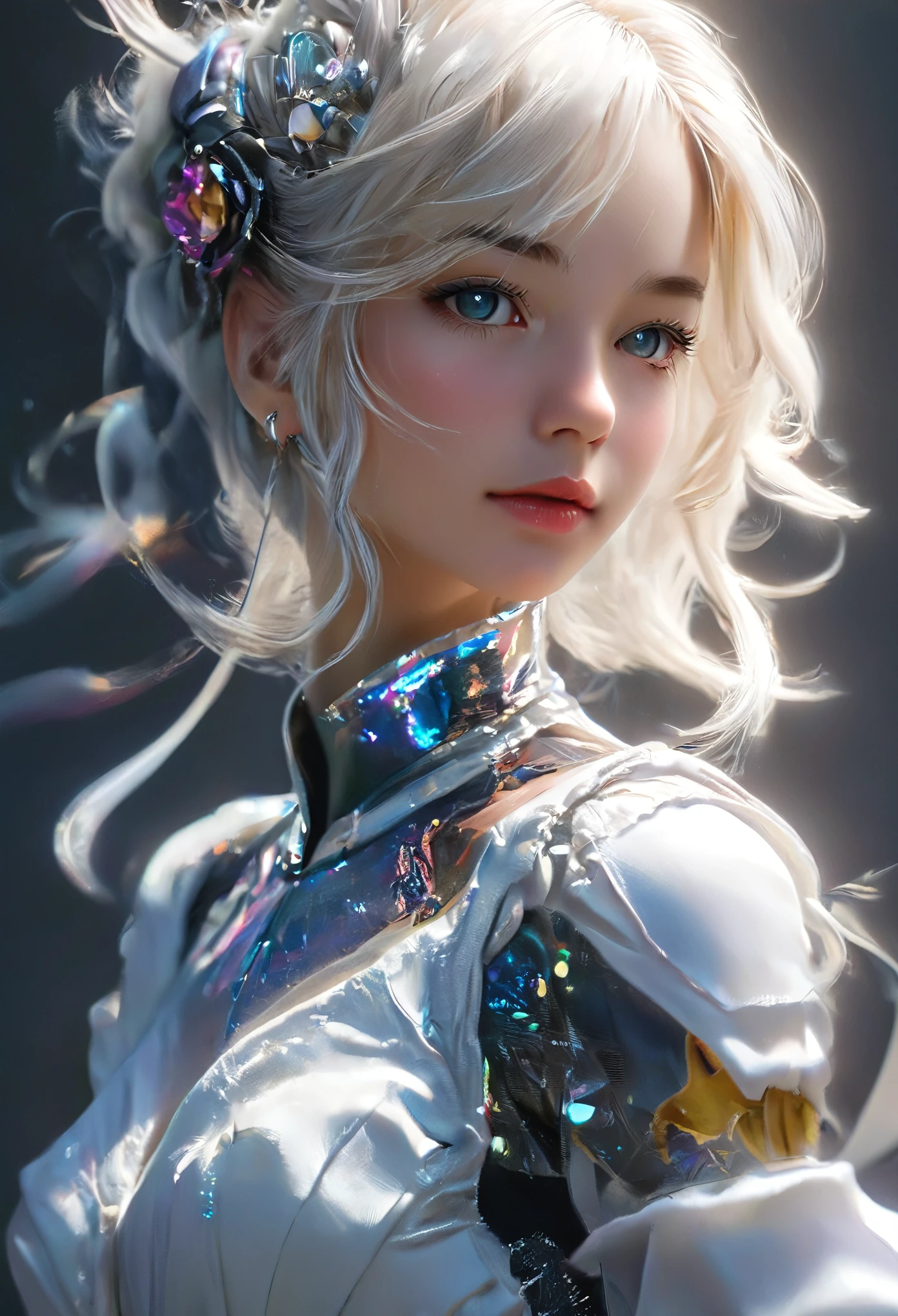 Highest quality,A perfect masterpiece,Perfect artwork,Official Works,8K,, (Upper body portrait:1.3),((View from the side:1.5)),Close-up lens,Delicate face,, 17 years old,White Hair Girl,(hakuhatsu:1.5),Short and medium hair,((White, clear eyes:1.5)),(White Dress:1.2),(Transparent clothing:1.2),(Black background:1.3),, The illusion of pearls,cyber punk,Fashion Trends,3s material,High resolution,Detailed Expression,C4D,3d,Octane Rendering,Ray Tracing,Intricate details,illumination,OCrenderer,