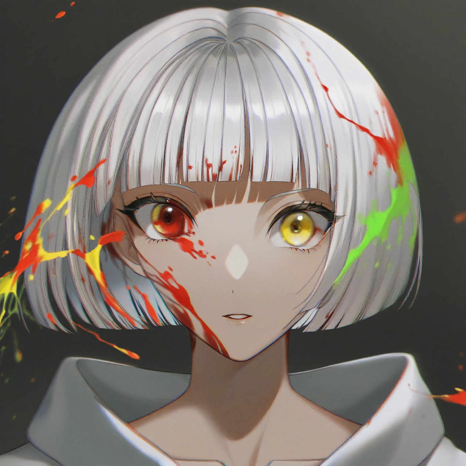 1girl, solo, portrait, looking at viewer, short hair, bangs, simple background, black hair, yellow eyes, white hair, multicolored hair, parted lips, blunt bangs, blood, bob cut, black background, chromatic aberration, paint splatter, paint, paint splatter on face, amazing quality,