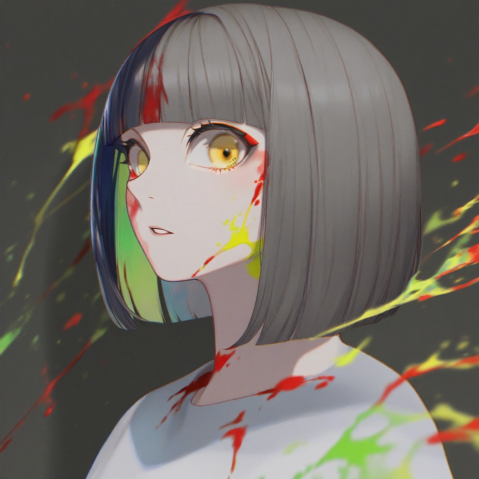 1girl, solo, portrait, looking at viewer, short hair, bangs, simple background, black hair, yellow eyes, white hair, multicolored hair, parted lips, blunt bangs, blood, bob cut, black background, chromatic aberration, paint splatter, paint, paint splatter on face, amazing quality, 