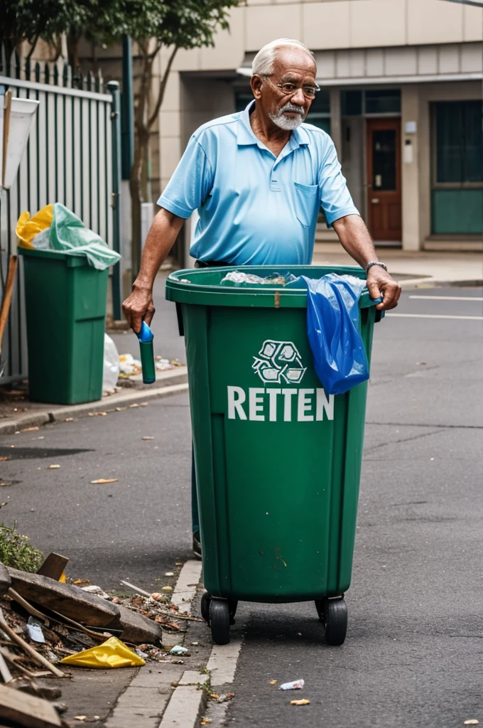 Old man collects trash from a bin