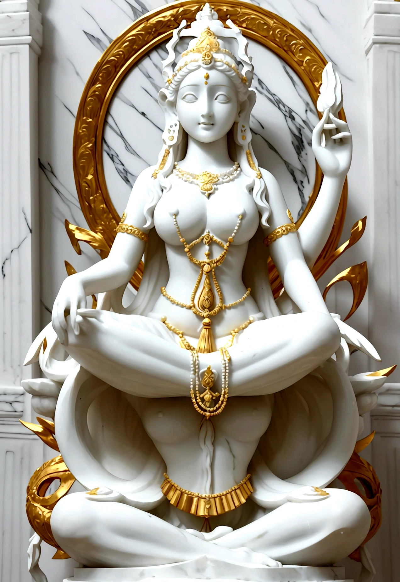 1 white marble statue of goddess Saraswati with white marble clothing and golden ornaments