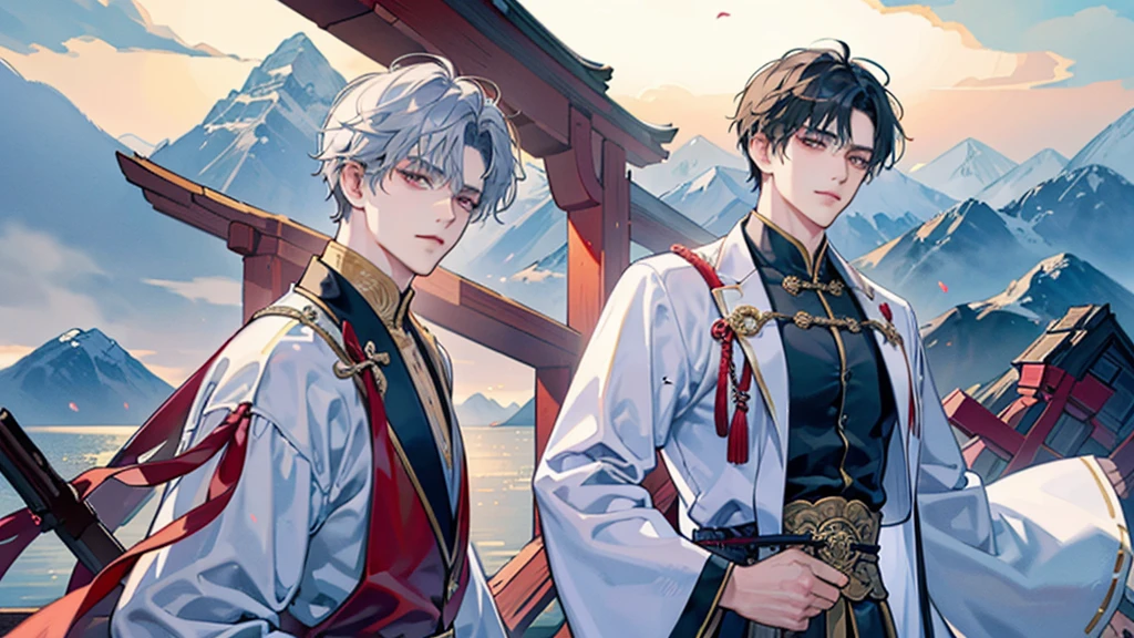 A man wearing a white Chinese-style robe , Handsome like a villain,,Bright theme , strong , ,Chinese martial arts theme , Behind is a mountain. , The scenery is more important than the characters.