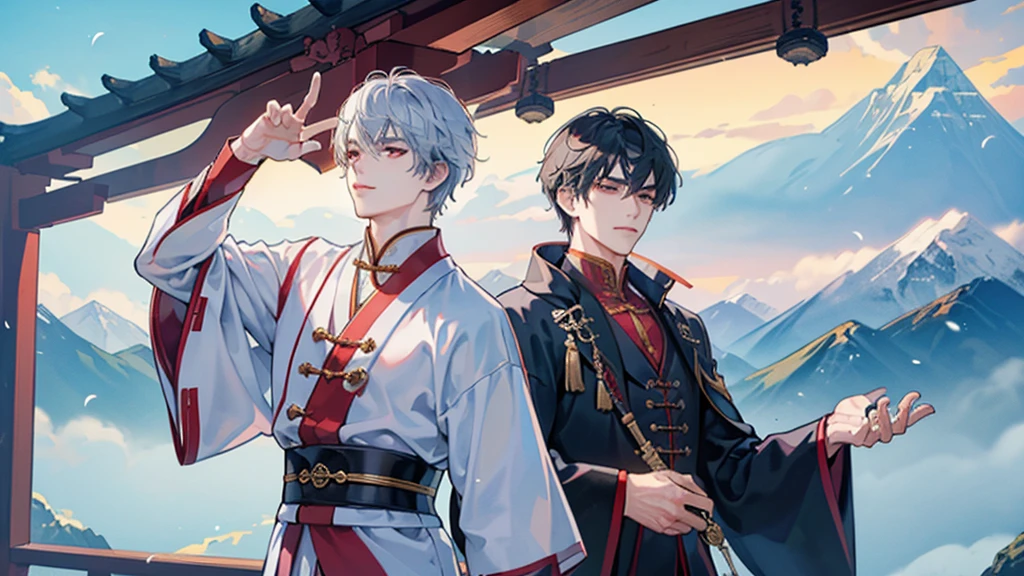 A man wearing a white Chinese-style robe , Handsome like a villain,,Bright theme , strong , ,Chinese martial arts theme , Behind is a mountain. , The scenery is more important than the characters.