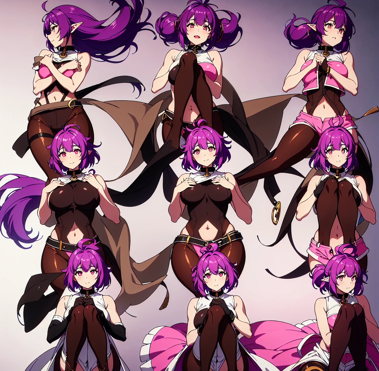 (short:1.4), (sherry:1.6), a woman on an island beach, (dynamic pose:1.4), official anime artwork, official artwork, anime moe artstyle, dreamy psychedelic anime, anime wallaper, anime visual of a cute girl, official art, fanart, masterpiece, best quality, high resolution, 8K, 4K, looking at viewer, large breasts, ass, smile edgYSD, collar, (dark brown leggings:1.5), (dark brown tights bodysuit:1.6), (purple hair:1.4), multiple ahoge, (dark red-gold eyes:1.2), gold eye accent, (hair_ornament:1.4), twin-tails, hair_tie, 1 girl, young female, beautiful finger, beautiful very long legs, beautiful body, beautiful nose, beautiful character design, perfect eyes, perfect face, expressive eyes, perfect lighting, shiny skin, nsfw, flushed skin, blushing face, lewd smile, slightly open mouth, gravure, pinup, very long legs, long thin pointy ears, (all visible leg skin covered by tights:1.2), (all visible stomach skin covered by tights bodysuit:1.4), (all visible hips skin covered by tights bodysuit:1.4), arms completely visible, (arms showing skin:1.2), japanese skin, (solid colors:1.4), lidded eyes, dark red-gold eyes, (pink short shorts:1.6), (pink sleeveless buttoned top:1.6), (pink outfit:1.2), (white trim:1.8), (white lapel:1.4), (thigh-high pink boots with white lapel:1.9), (black belt:1.2), (black garterbelts:1.8), (black garterbelts connecting boots to shorts:1.4), (boots pulled up by bootstraps:1.4), (bright sunny day on the beach:1.4), waves, almost clear skies, sunny, trees, island plants, seashells, shoreline, top of pink boots are long white folded fabric with the bootstrap connected to the white part of the boots going above them