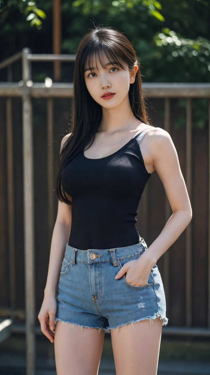 ((1girl)), woman, masterpiece, best quality, highest quality, cinematic lighting, (volumetric lighting), extremely detailed CG unity 8k wallpaper, focused, 8k wallpaper, extremely detailed, ultra realistic, photorealistic, sharp focus, absurdres, (HDR:1.2), (high contrast), photograph, detailed and intricate, instagram, portrait, highly detailed, digital painting, artstation, concept art, smooth, sharp focus, illustration, cinematic lighting, (big breast:1.2), (((skinny, super slim legs))), (japanese idol posture), (knit strap tanktop, short pants, cleavage), looking at the viewer, (I don't see arms)), ((Standing)), ((Medium body shot, hip level shot))