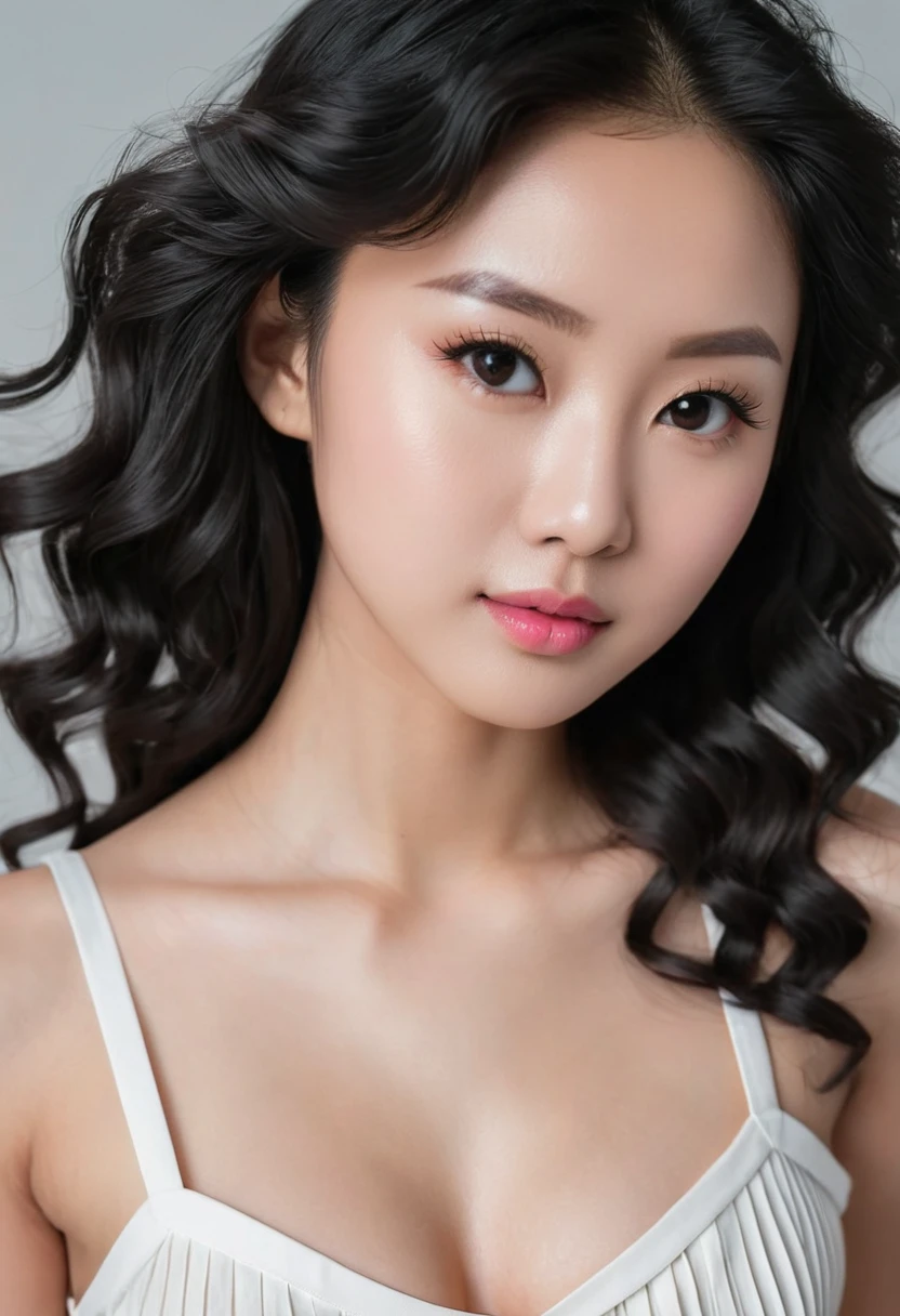 A young Asian woman with fair, flawless skin. She wears a fluffy white tank top, revealing her smooth shoulders and a hint of cleavage (cup size A). Her short white skirt is pleated and flutters with each movement. Her long, sleek black hair is styled in loose waves. Her lips are a delicate cupid's bow shape, painted with a soft pink lipstick. Her face is oval-shaped, with large, round, dark eyes framed by long, curled lashes. Her nose is straight and complements her well-proportioned face.