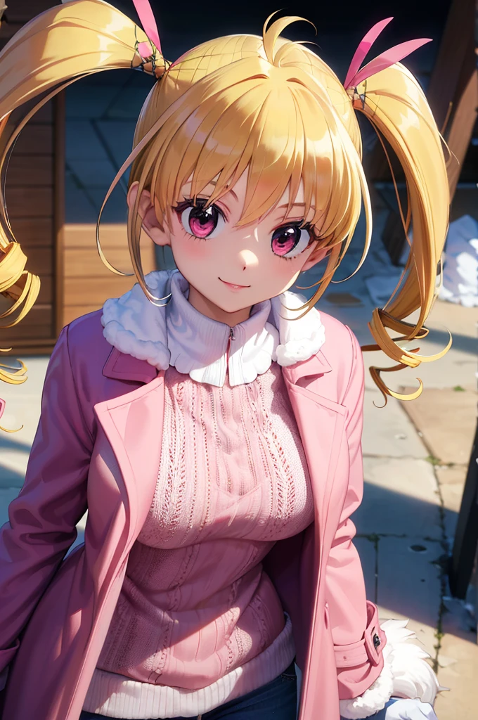 masterpiece, highest quality, High resolution, HMBK1, 1 girl, twin tails, drill hair, blonde, long hair, pink eyes, (pink collarless coat:1.3), (fur coat:1.3), (close the front of the coat:1.3), pink sweater, denim jeans, (white muffler:1.3), knit gloves, city, In front of the station, smile, extreme close up