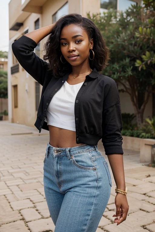 Create an image of a 23-year-old African woman, exuding happiness, dressed in a beautiful modern clothes, she should be very thick and realistic . She should be posing with the confidence and grace of a fashionista. The scene should be simple and capture a beautiful scene of the beautiful outdoors
