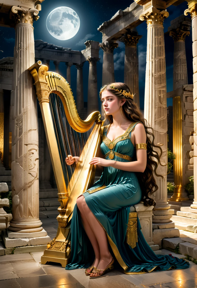 a young priestess, sitting, she places a harp larger than herself in front of him and plays it, playing a large lyre, ancient Greek temple, late at night, inside the temple it is (dark:1.3) and there is (no lighting:1.2), the moonlight shines in at an angle, shining a faint light on her., highly detailed, photorealistic, realistic lighting, intricate architecture, ornate decorations, cool color palette, golden accents, soft fabric textures, mesmerizing expression, elegant pose, cinematic composition, natural lighting, realistic shadows, mystical atmosphere, hyperrealistic, award-winning art