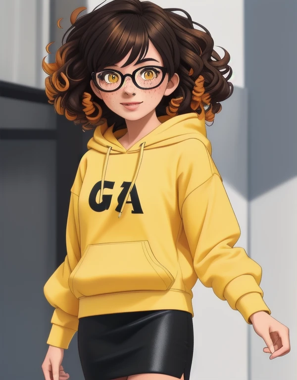 Masterpiece,best quality,high quality,ultra-realistic, Extremely detailed,vibrant colors,female 20 year old college student, (tan-bronze skin:0.92), thin layer of freckles, short black hair with orange highlights, curly hair, amber colored eyes, (Wearing a yellow hoodie, black pencil skirt, glasses)

