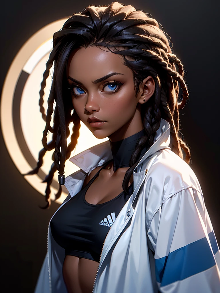 ((Portrait Photo)), She has an Athletic and Slender Black-Haired Appearance, with a Strong Build, Dark Skin and Relaxed Aura. She Expresses a Calm and Indifferent Look, Giving Off a Composed and Unfazed Attitude. She has Deep Blue Eyes, and Her Hair is Long and Black, with Dreadlocks Falling Over Her Forehead. She Wears an Open White Jacket, with a Sports Tank Top, Revealing Her Midriff. ((Portrait Photo, HDR, Dark Background))