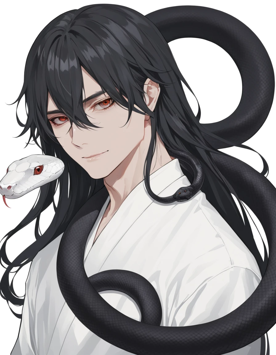 Long hair man，White snake and black snake coiled around