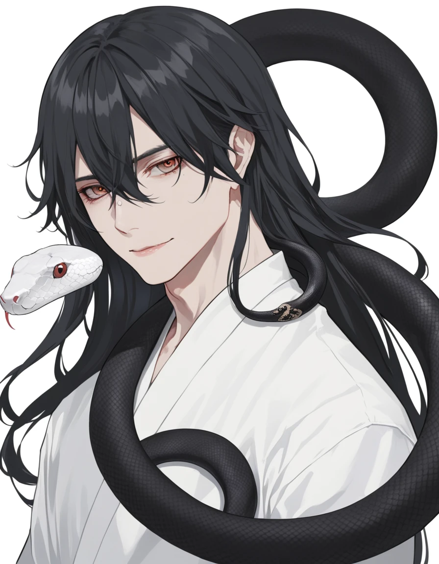 Long hair man，White snake and black snake coiled around