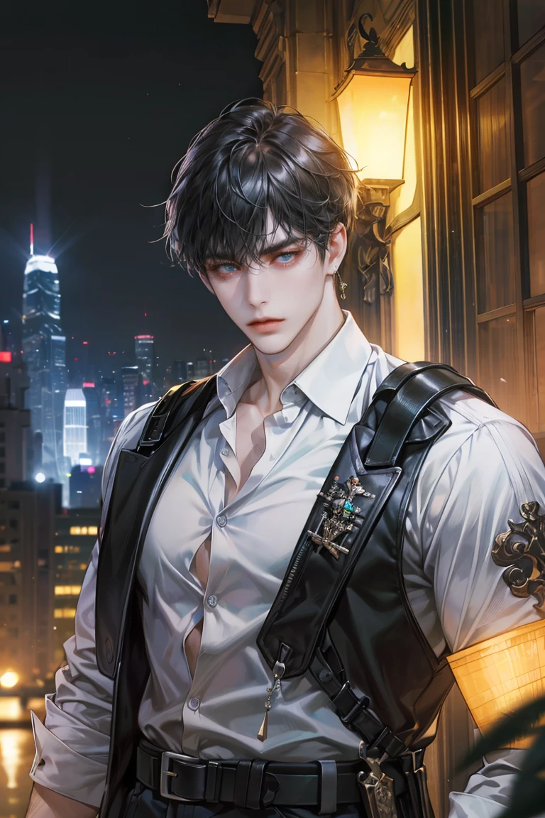 (absurdres, highres, ultra detailed, original character, HDR), 1 boy, solo, adult, handsome, ((tall muscular guy, broad shoulders)), finely detailed eyes, (black hair), hair between eyes, turquoise eyes, holographic, futuristic, casual and sexy outfit, gun holster, (body tight white shirt), ((large man breasts)), ((wearing an earring)), (portrait), dutch angle, face focused, british colonial scenery, dystopian hong kong city, skyscrapers, closed mouth, looking at viewer, depth of field, bokeh