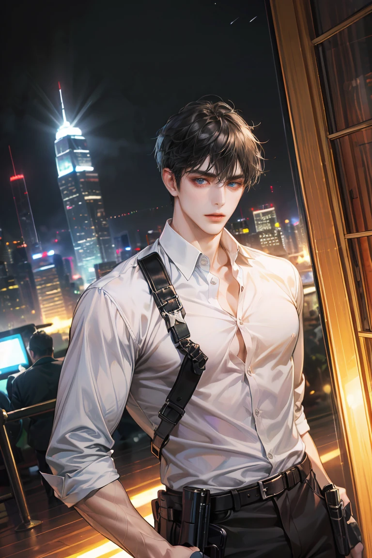 (absurdres, highres, ultra detailed, original character, HDR), 1 boy, solo, adult, handsome, ((tall muscular guy, broad shoulders)), finely detailed eyes, (black hair), hair between eyes, turquoise eyes, holographic, futuristic, casual and sexy outfit, gun holster, (body tight white shirt), ((large man breasts)), ((wearing an earring)), (portrait), dutch angle, face focused, british colonial scenery, dystopian hong kong city, skyscrapers, closed mouth, looking at viewer, depth of field, bokeh