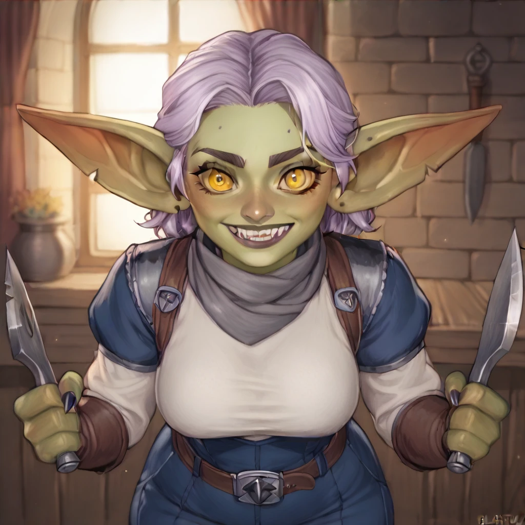 (((beautiful, high quality, perfect eyes, comics style, semi-realistic, detailed face))), upper body, score_9, score_8_up, score_7_up, | ((Goblin, short stature, shortstack)), 1Girl, medieval blacksmith, wears dark blue romper, grey Bandit scarf on neck, white shirt with rolled-up sleeves, tool belt, brown leathers fingerless gloves, goggles on forehead, ((hooked nose:1)), (((yellow eyes))), crazy eyes, crazy smile, ((lavender hair)), short wavy hair, action pose, | workshop in background, blurred background, digital painting, volumetric lighting, easynegative, JIM EIDOMODE, Dungeons and Dragons 5th edition style illustration,