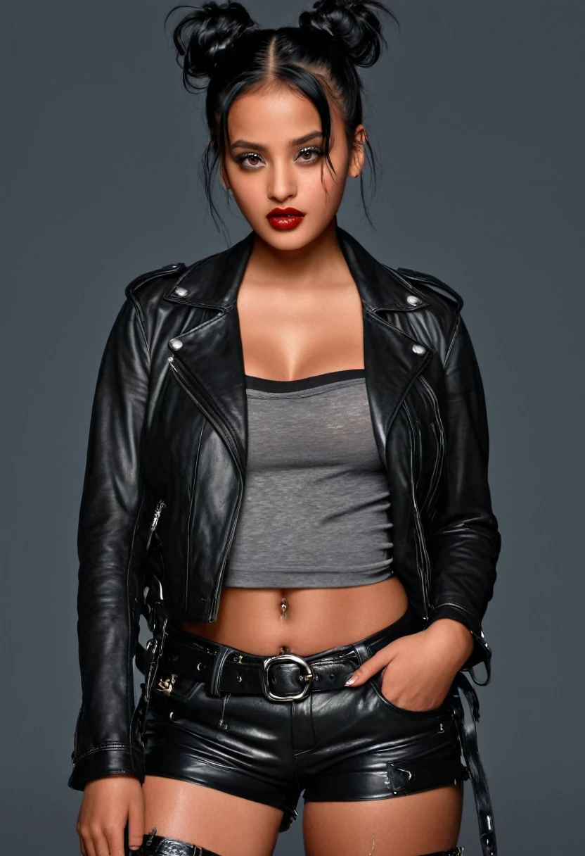 (masterpiece, best quality:1.2), bellissima 1girl, solo, looking at viewer, (grey eyes:1.2), black hair, double buns, jewelry, lips, leather jacket on a black shirt, belt, shorts, messy hair, realistic, convenient censored, dark skinned woman