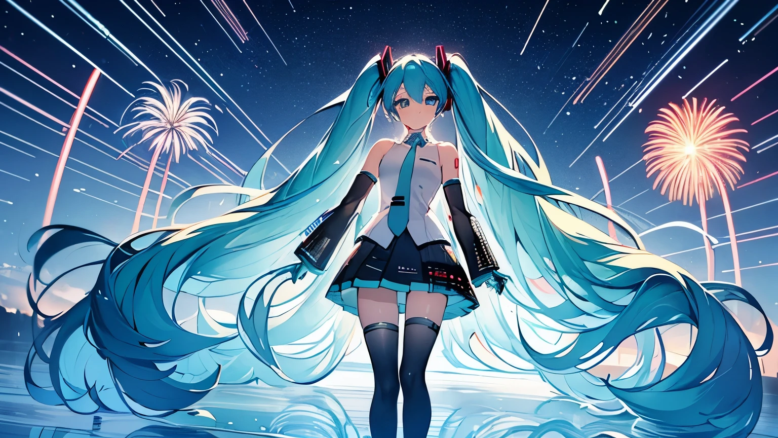 A detailed and realistic depiction of Hatsune Miku standing under a night sky filled with vibrant fireworks. Hatsune Miku is characterized by her long turquoise twin-tails, futuristic outfit, and cheerful expression. The fireworks illuminate the sky with various colors and patterns, adding a festive an