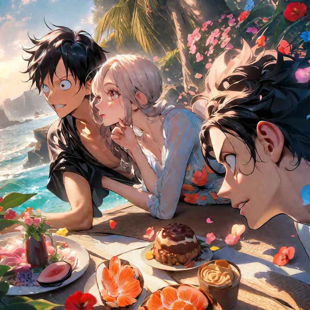 ultra détaillé, haute résolution, absurdes, hdr, Luffy, cheveux noirs, yeux noirs, nous, cheveux roux, yeux marrons, one piece, 1 homme avec une femme en couple, feuilles vertes, été, Fleurs et pétales, papillons